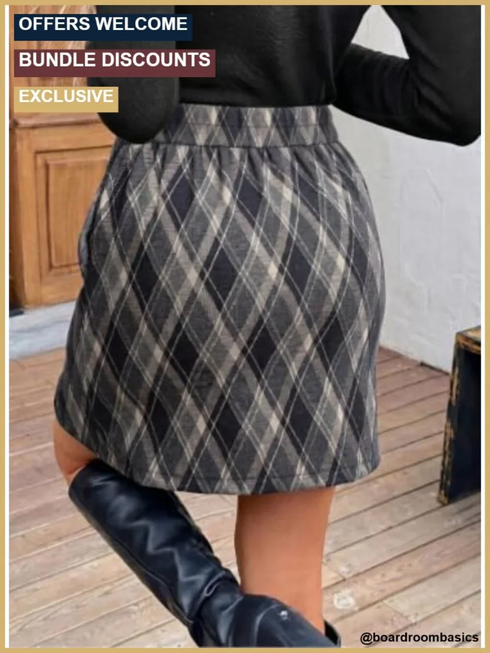 High Waist Plaid A-Line Mini Skirt with Pockets Side Slit Elastic Waistband